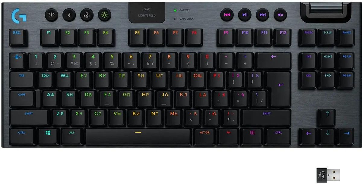 Клавиатура Logitech G915 TKL Lightspeed,  USB, Bluetooth/Радиоканал, заводское нанесение кириллицы, черный [920-009536]